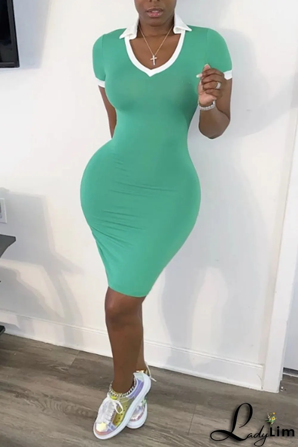 Red Fashion Casual Regular Sleeve Short Sleeve V Neck Short Sleeve Dress Knee Length Patchwork Dresses
