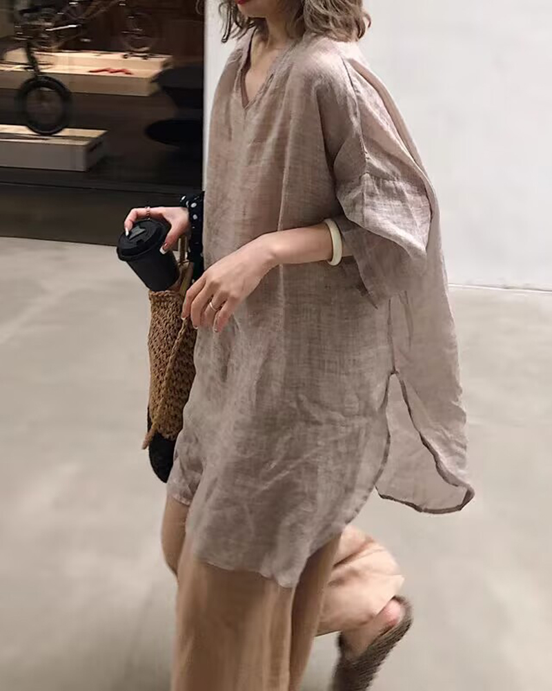 V Neck Side Split Solid Color Loose Top