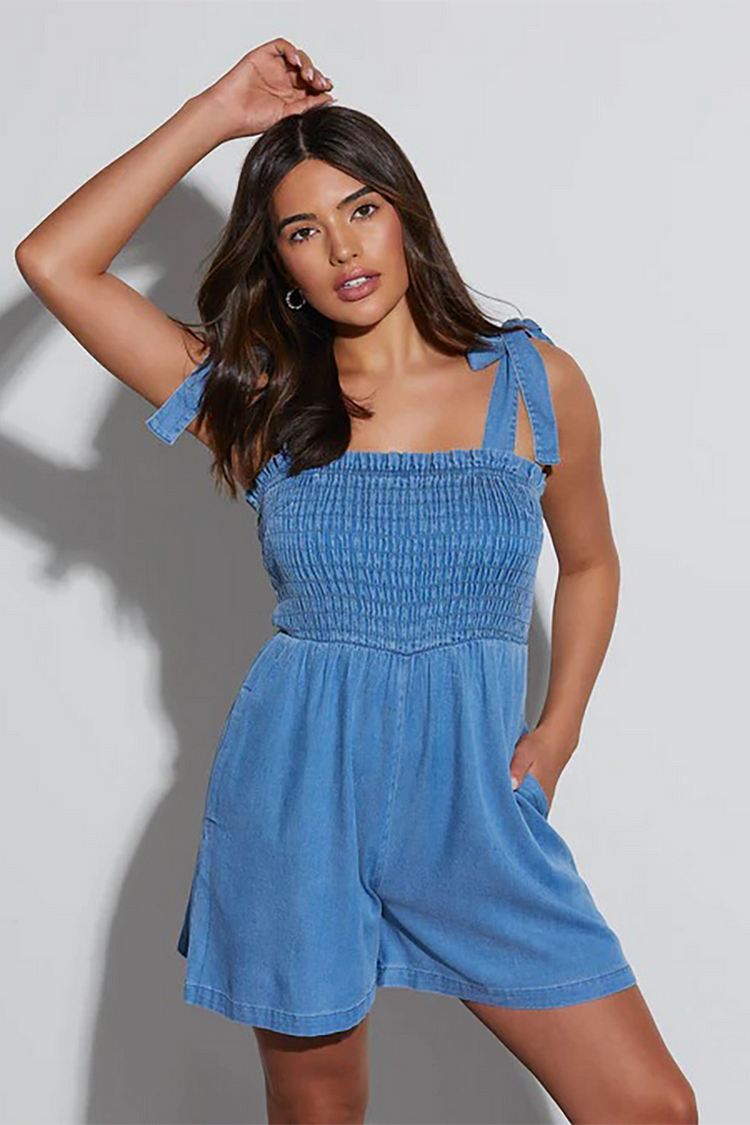Tied Up Bow Wide Straps Ruched High Waist Denim Casual Playsuit Romper-Blue