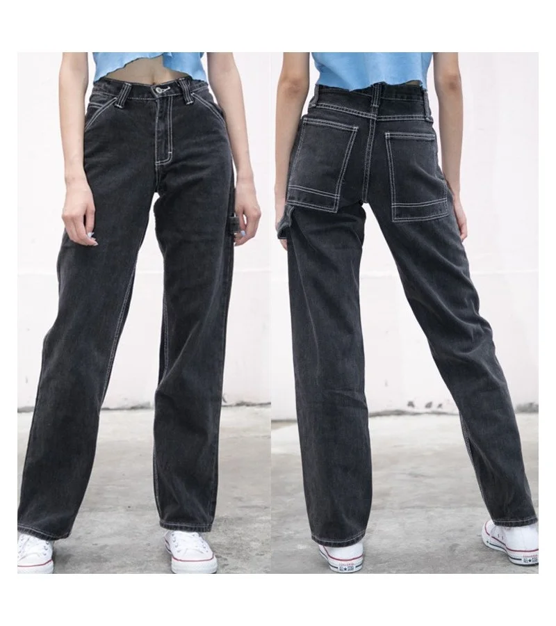 Women High-waisted Pocket Design Loose Denim Straight Pants S-L