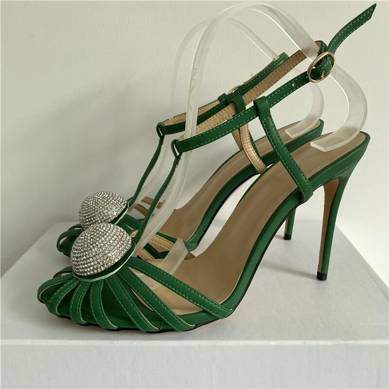 VCSHOES Diamond Crystal Ball Gladiator Sandals Women 10cm Thin High Heels T-strap Narrow Band Real Leather Sandalias