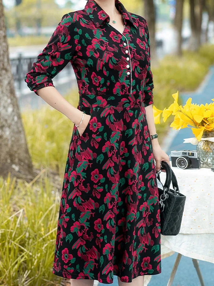 Long Sleeve Lapel Fashion Print Dress