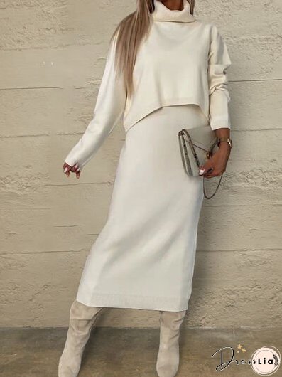 Turtleneck Dropped Shoulder Sweater and Midi Dress Sweater Set