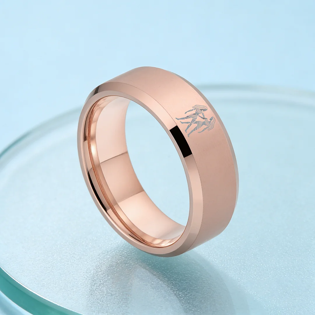 Rose Gold Gemini Tungsten Carbide Rings Beveled Edges Rose Gold Laser Etched Couple Wedding Bands 4MM 6MM 8MM Width