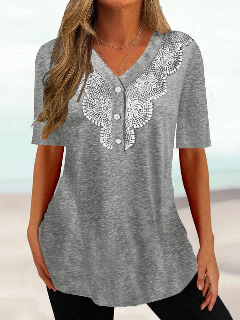 Women Short Sleeve V-neck Solid Lace Buttons Tops