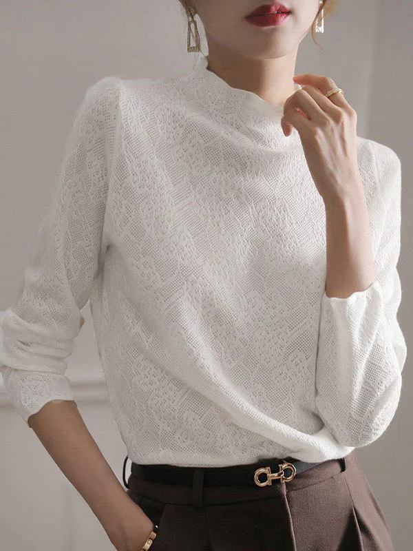 Long Sleeves Hollow Jacquard Solid Color Knitwear T-Shirts Tops