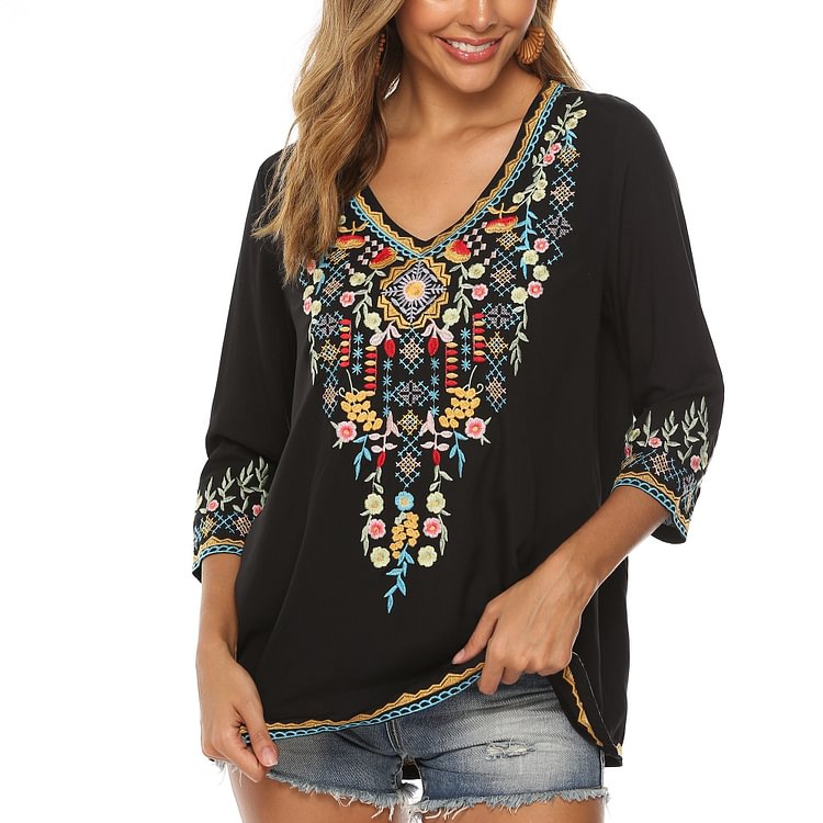Bohemian 3/4 Sleeve Floral Embroidered Boho Blouse for Women Loose V-Neck Tops Women's Casual Shirt Mexican Peasant Shirts - Shop Trendy Women's Fashion | TeeYours