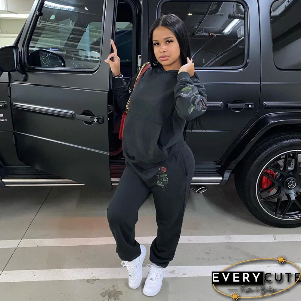Floral Print Long Sleeve Hooded Sweatshirt Pants Set