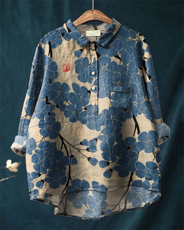 Elegant Plum Blossom Japanese Art Casual Cotton and Linen Long-sleeved Shirt