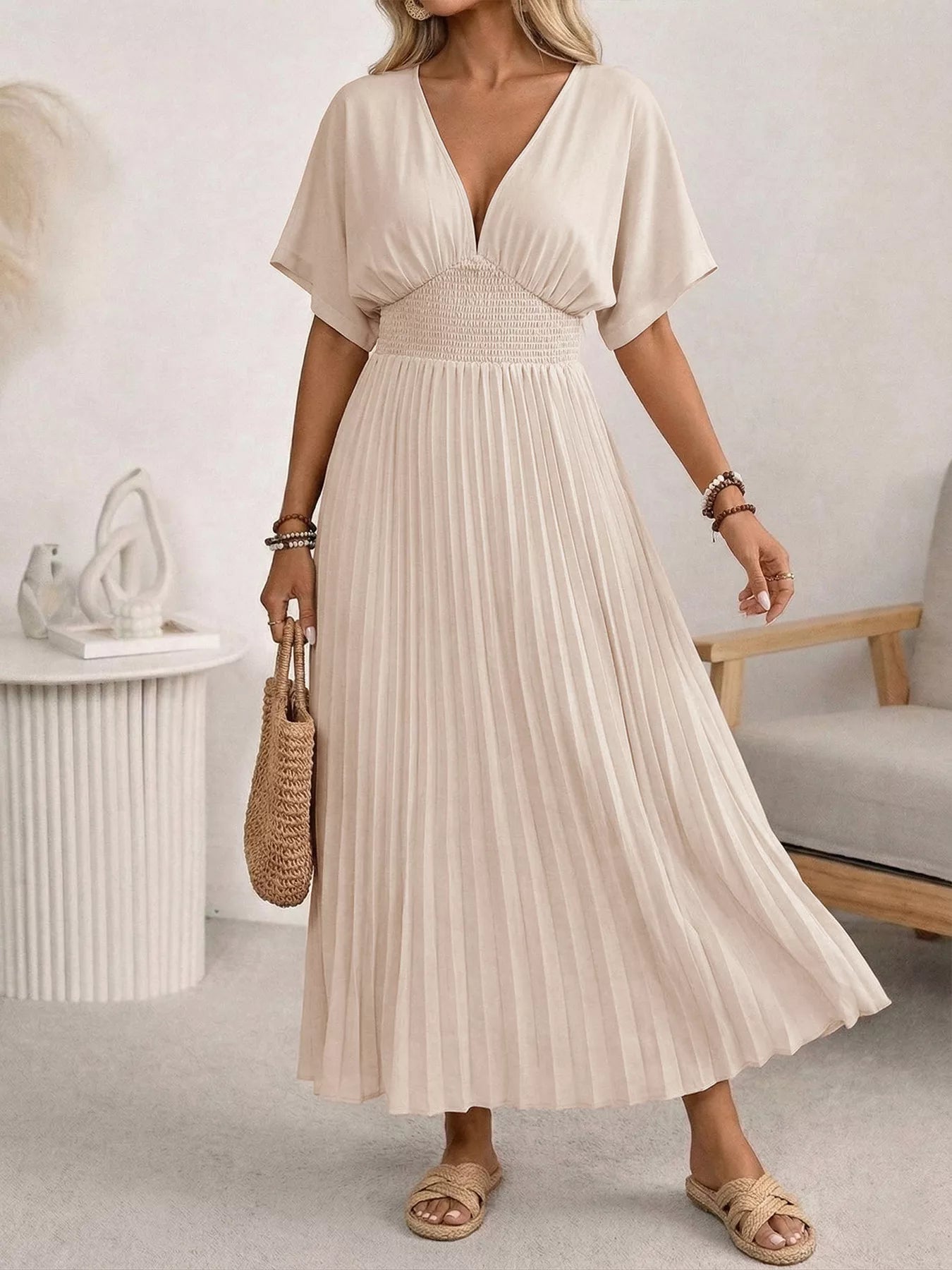 Pleated V-Neck Midi Dress mysite idetrend