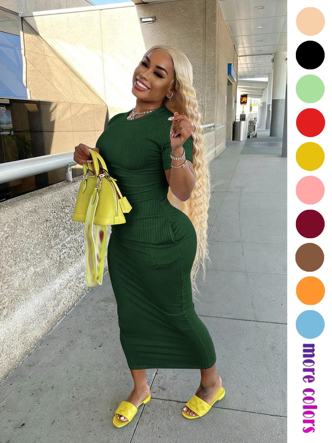 Threaded Elastic Solid Color Bodycon Dress, Breathable Elastic Party Outing Travel Pocket Long Dress, Summer Dress, Everyday Casual Wear, Womenswear