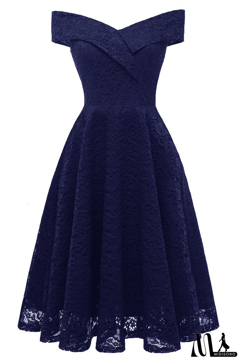MidiSono - Purple Off-the-shoulder Lace Midi Prom Dress