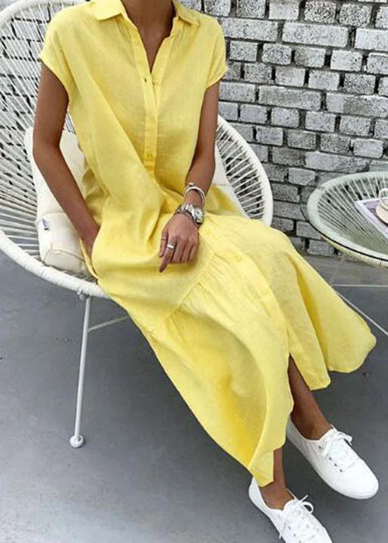 Art Yellow Peter Pan Collar Wrinkled Patchwork Cotton Shift Dress Summer