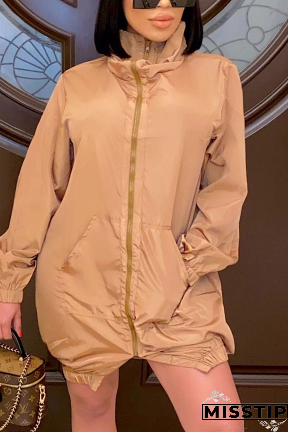 Orange Casual Solid Patchwork Pocket Zipper Collar Long Sleeve A Line Dresses