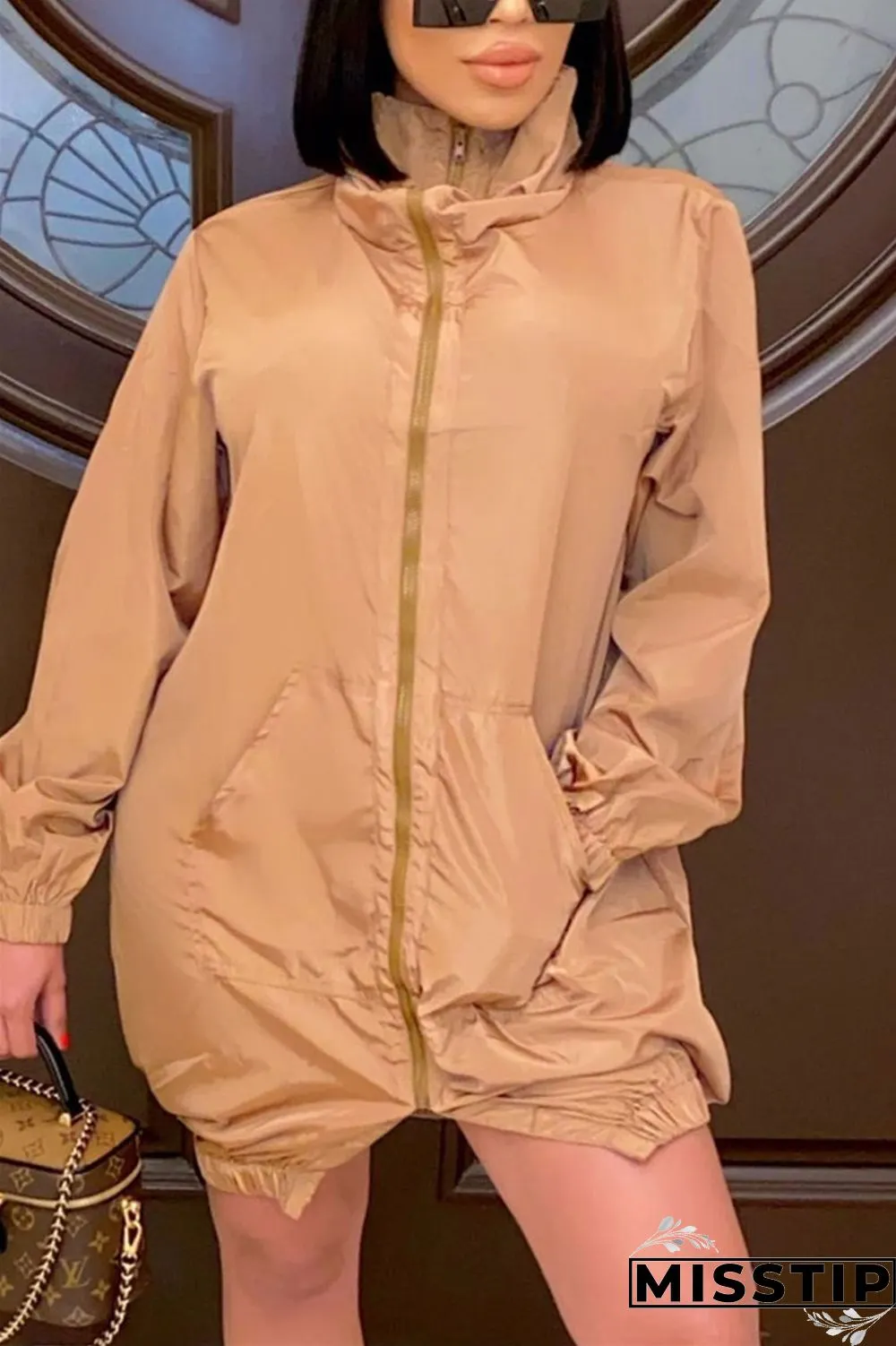 Orange Casual Solid Patchwork Pocket Zipper Collar Long Sleeve A Line Dresses