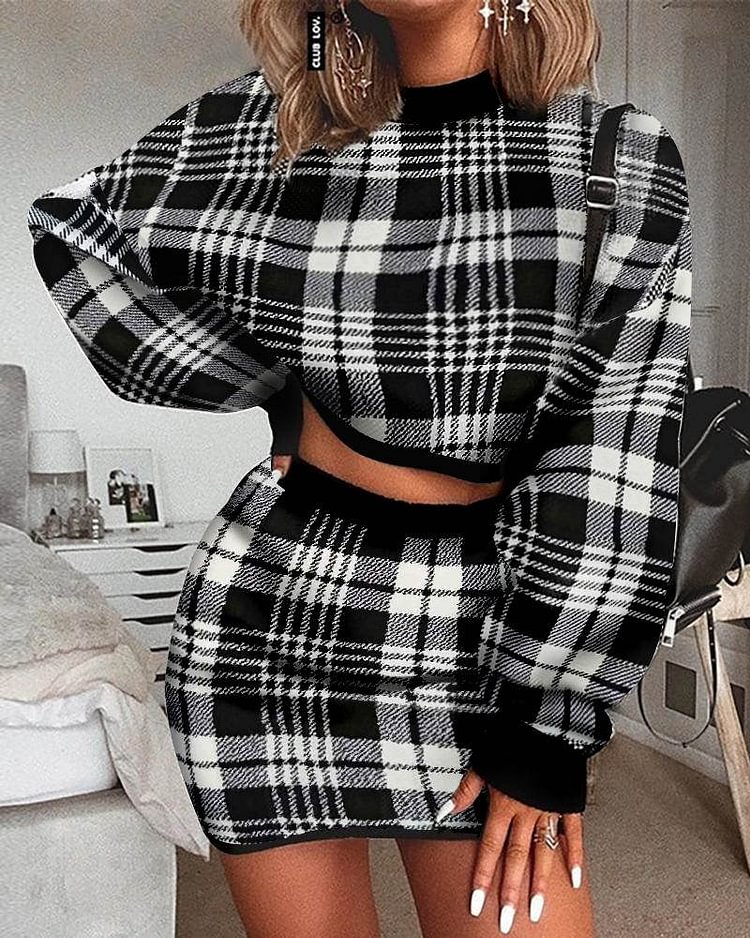 Women's Tracksuit Elegant Office Two Piece Set Plaid Sweater Outfit Long Sleeve Crop Top And Skirt Sets Sexy Fashion Dress Set - Shop Trendy Women's Fashion | TeeYours