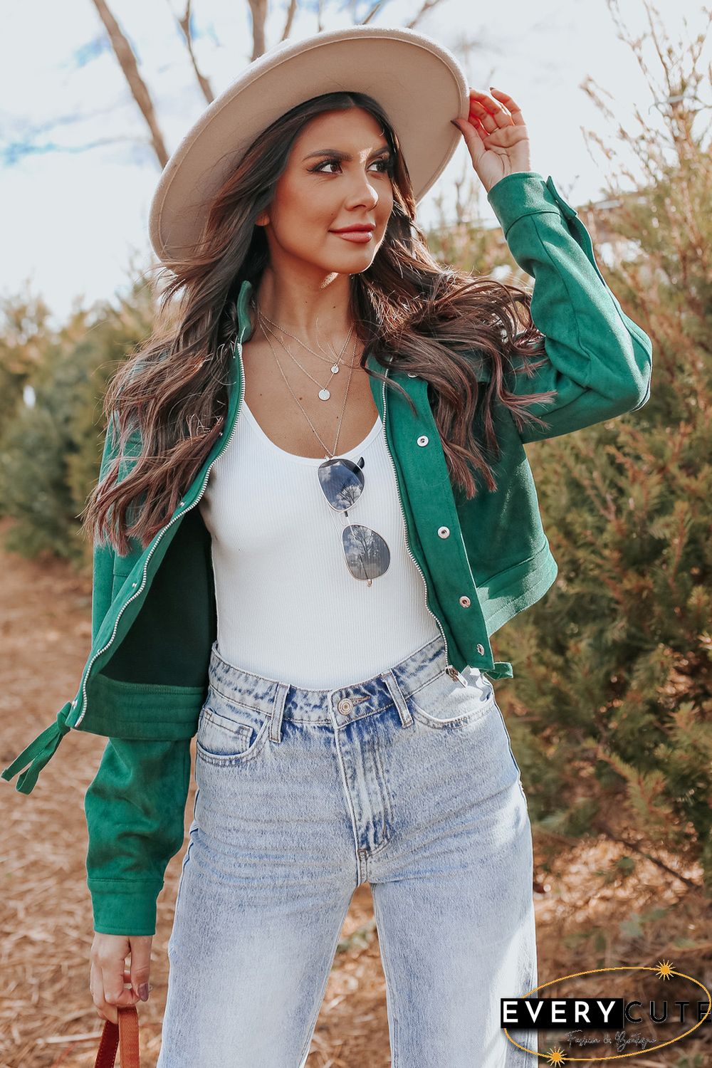 Green Faux Suede Button Down Cropped Jacket