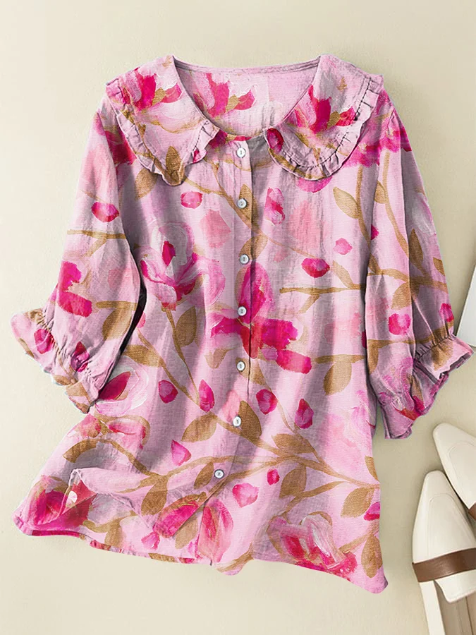 Vintage Floral Art Cotton and Linen Peter Pan Ruffle Collar Shirt
