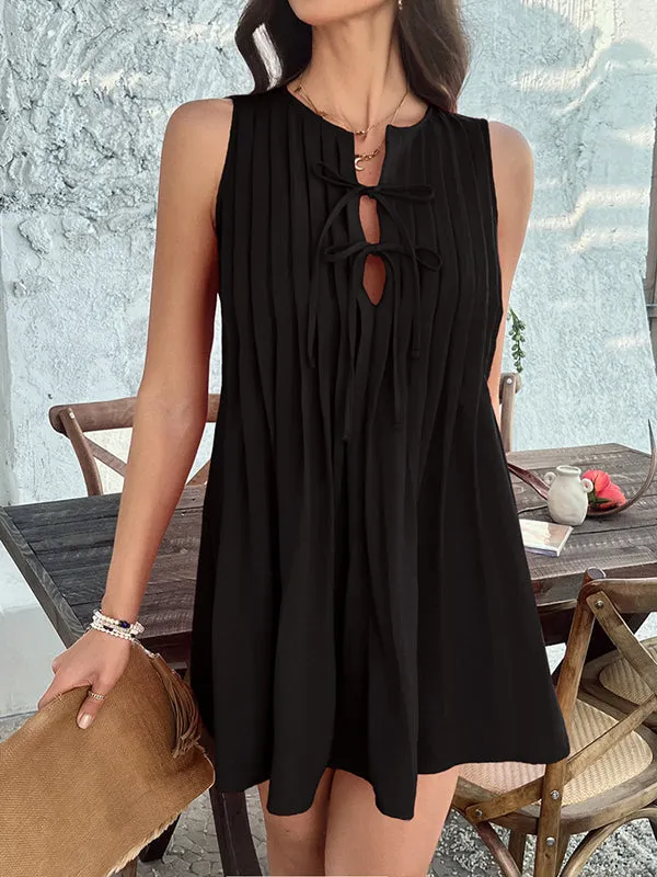 A-Line Loose Pleated Solid Color Tied Round-Neck Mini Dresses Vest Top