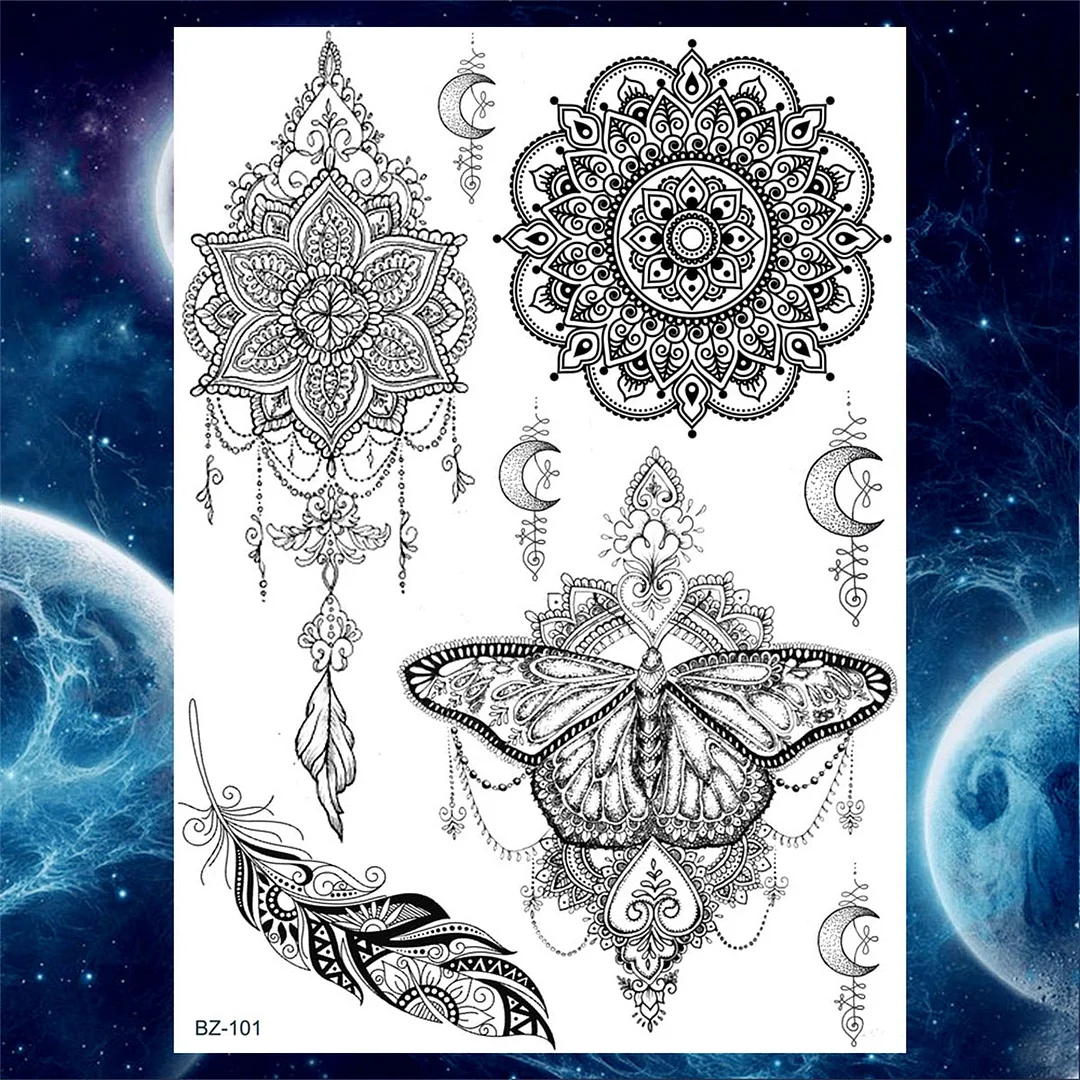 Mandala Flower Temporaray Tattoos For Women Adults Tribal Henna Tattoo Sticker Black Lace Dreamcatcher Fake Tatoos Legs Hands