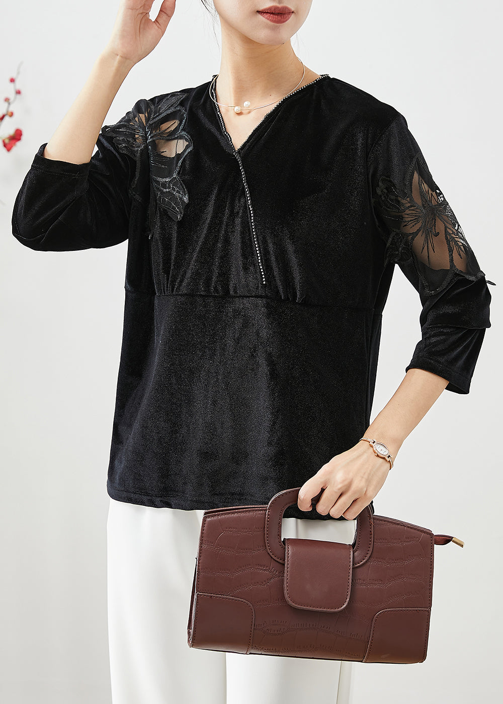 VCSHOES Black Hollow Out Patchwork Silk Velour Shirt Fall