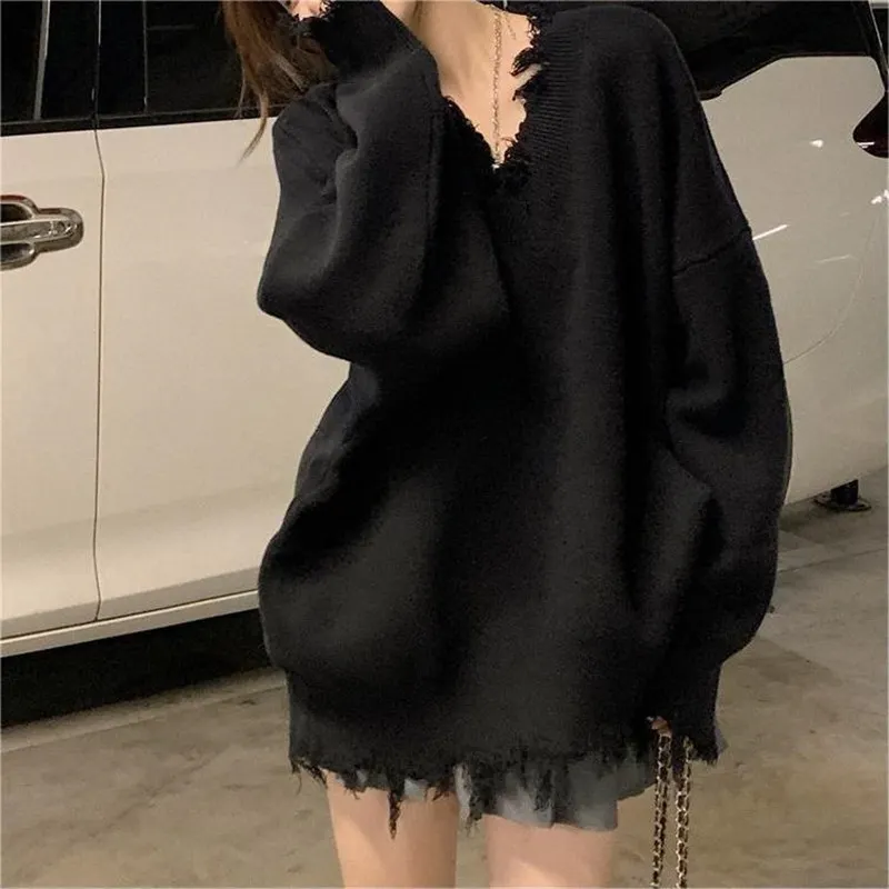 Churchf Churchf New Autumn-Winter 2023 V-Neck Sweater Female Loose Long Sleeve Lazy Wind Jacket Sweater Niche Style Broken Hole Sweater