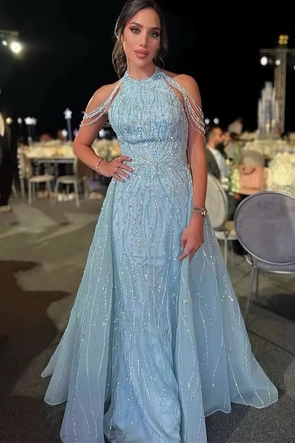 Glamorous Sky Blue Halter Backless Beadings Prom Dress With Train YK0031