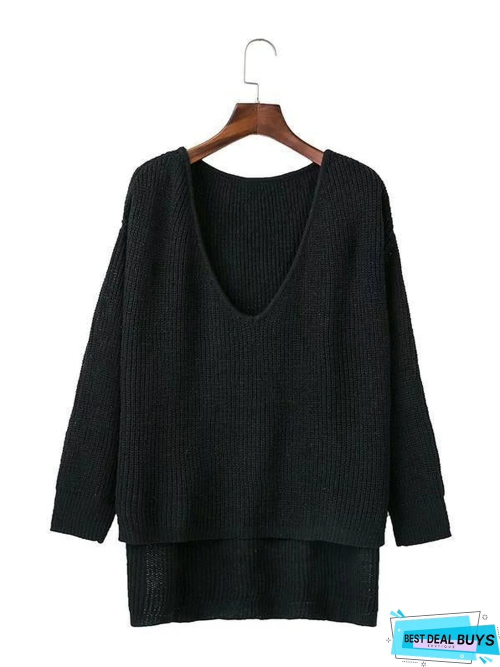 Solid Color Asymmetric V-neck Loose Sweater Tops