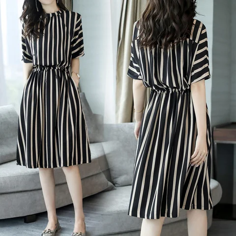 Uveng Uveng 2023 New Korean Version Of The Waist Temperament Fashion Casual Loose In The Long Striped Dress Women's Clothing
