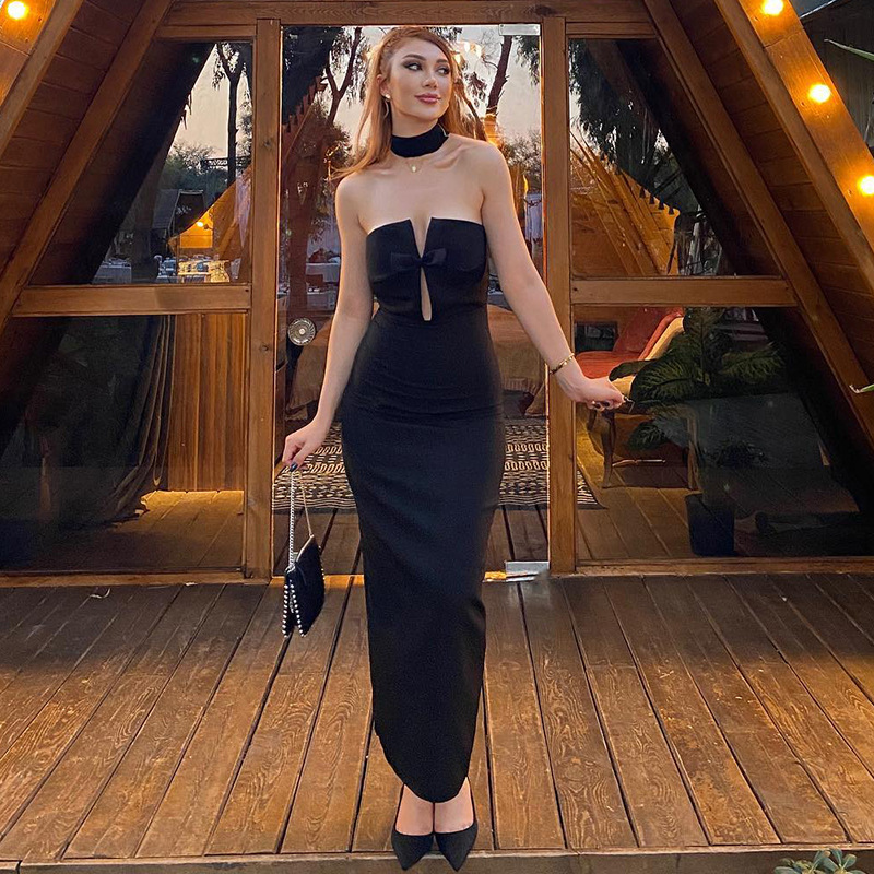 Ootddress Tee Bow Off-Shoulder Slim Long Dress For Women Patchwork Fashion Elegant Hollow Out Backless Clothes Female Party Dress