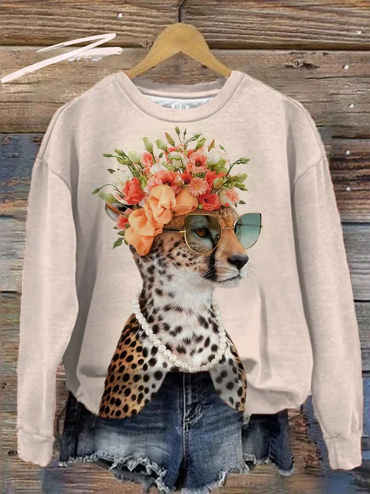 Lady Leopard with Charismatic Glasses and a Floral Crown: Women's Casual Top