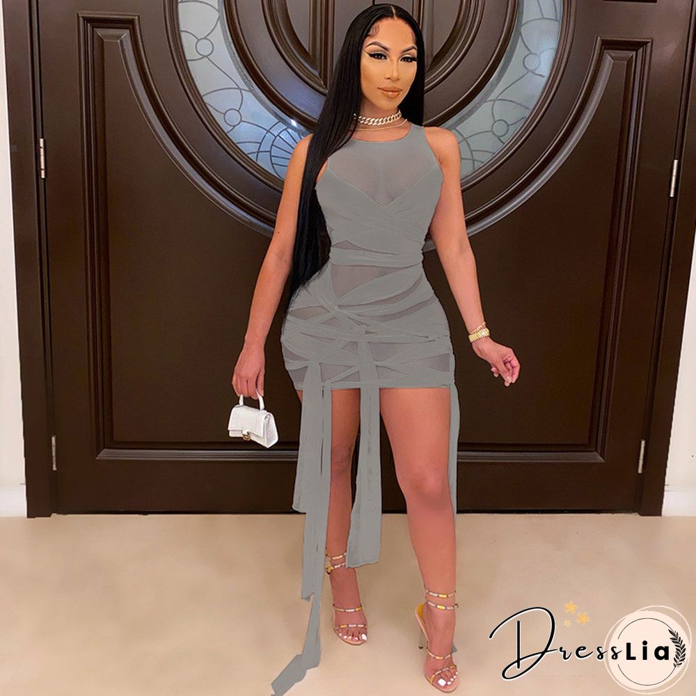 ANJAMANOR Sexy Mesh Bandage Dress Summer ClothesFor Women Birthday Party Club Outfits Bodycon Mini Dresses D12-BI30