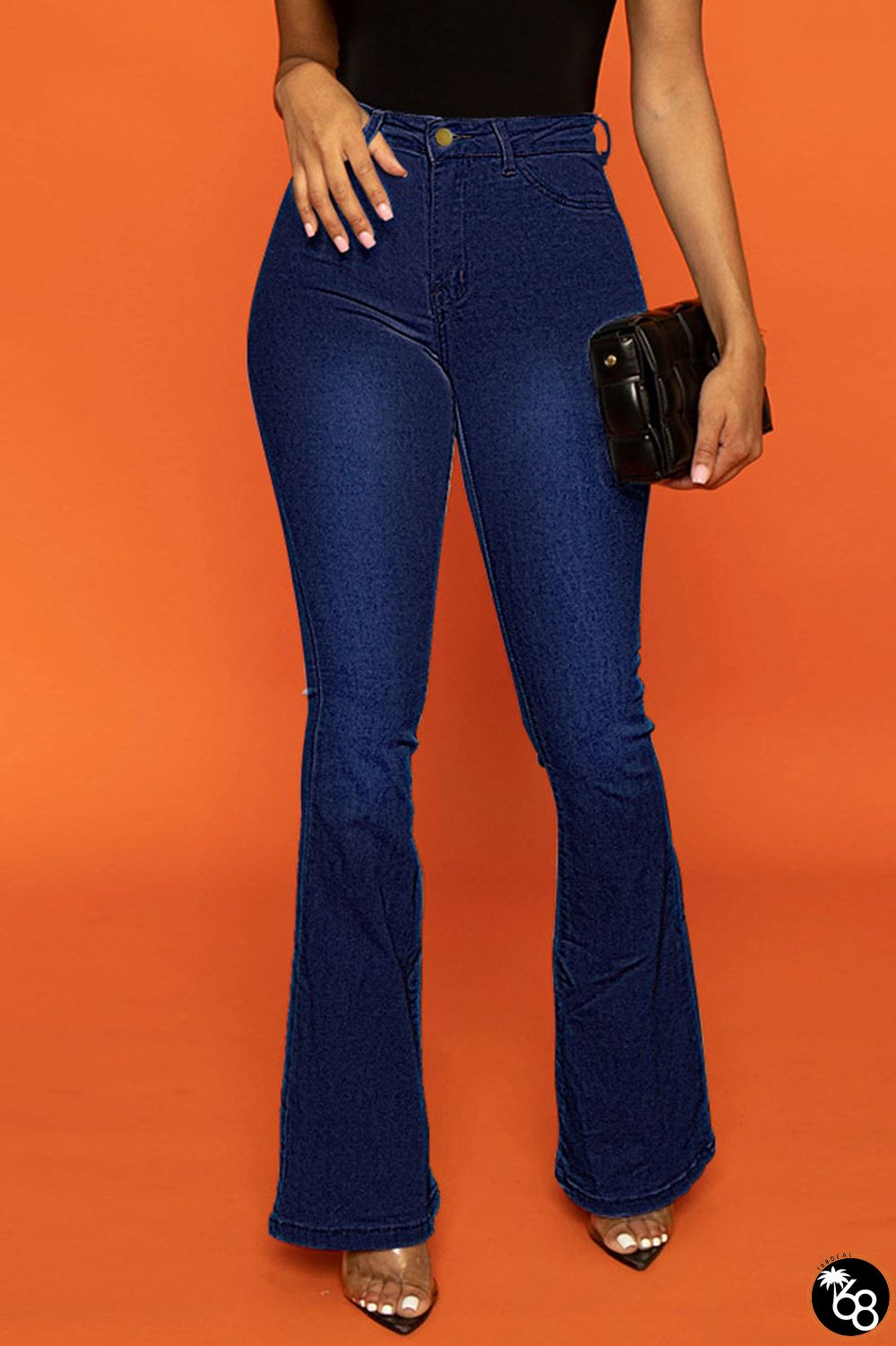 Dark Blue Casual Solid Patchwork High Waist Boot Cut Denim Jeans | 168DEAL