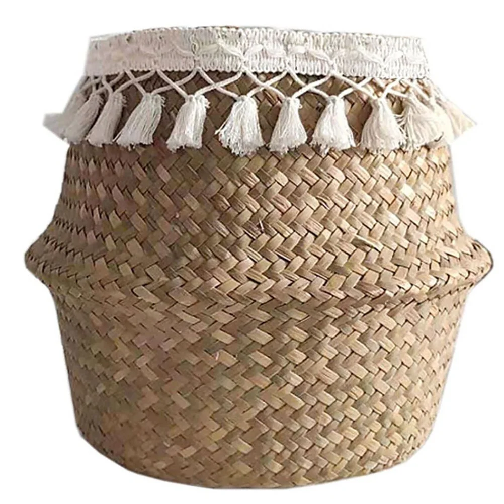 Natural Woven Straw Basket With Tassel Foldable Handmade Woven Storage Basket Hanging Picnic Basket Storage Basket Home Decor