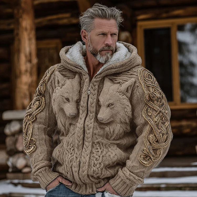 Men's Viking Celtic Knot Wolf Art Cozy Knit Hooded Sweater Jacket