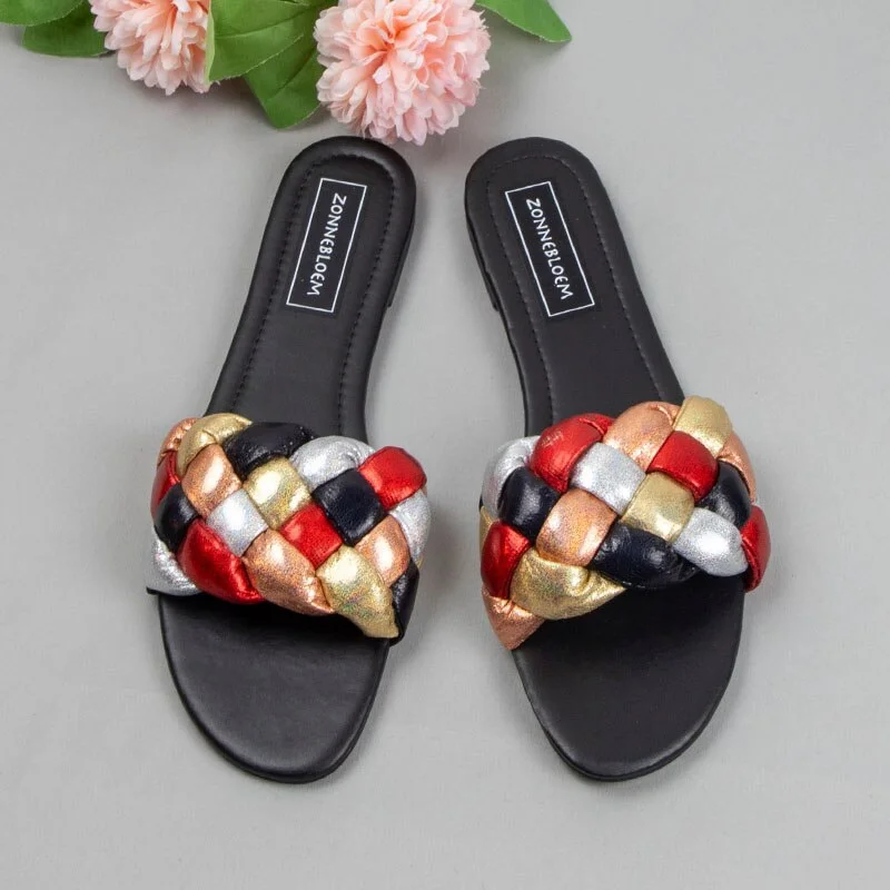 Qengg Women Summer Slippers Outdoor Flat Heels Women Beach Shoes Luxury Women Summer Sandals Slides Shoes Slip on Tape Fashion