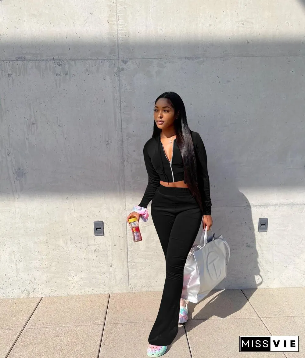 Velvet Solid Zipper Hooded Crop Tops Flare Pants Set