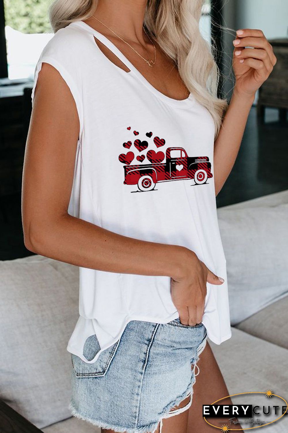Valentine Buffalo Plaid Truck Print Cut out Tee