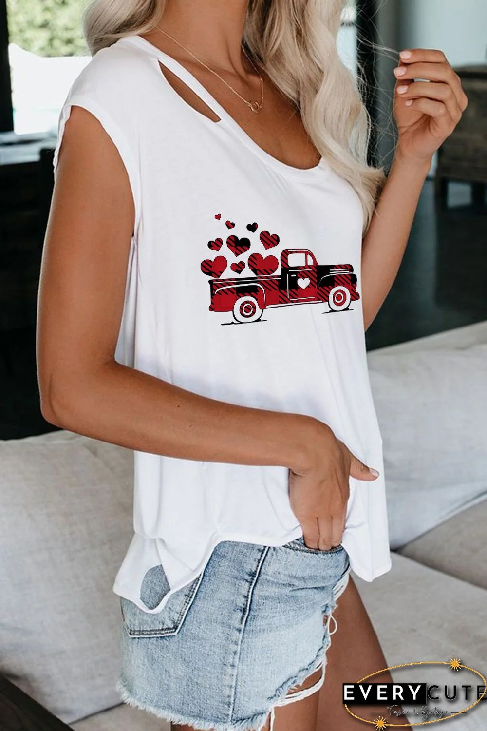 Valentine Buffalo Plaid Truck Print Cut out Tee