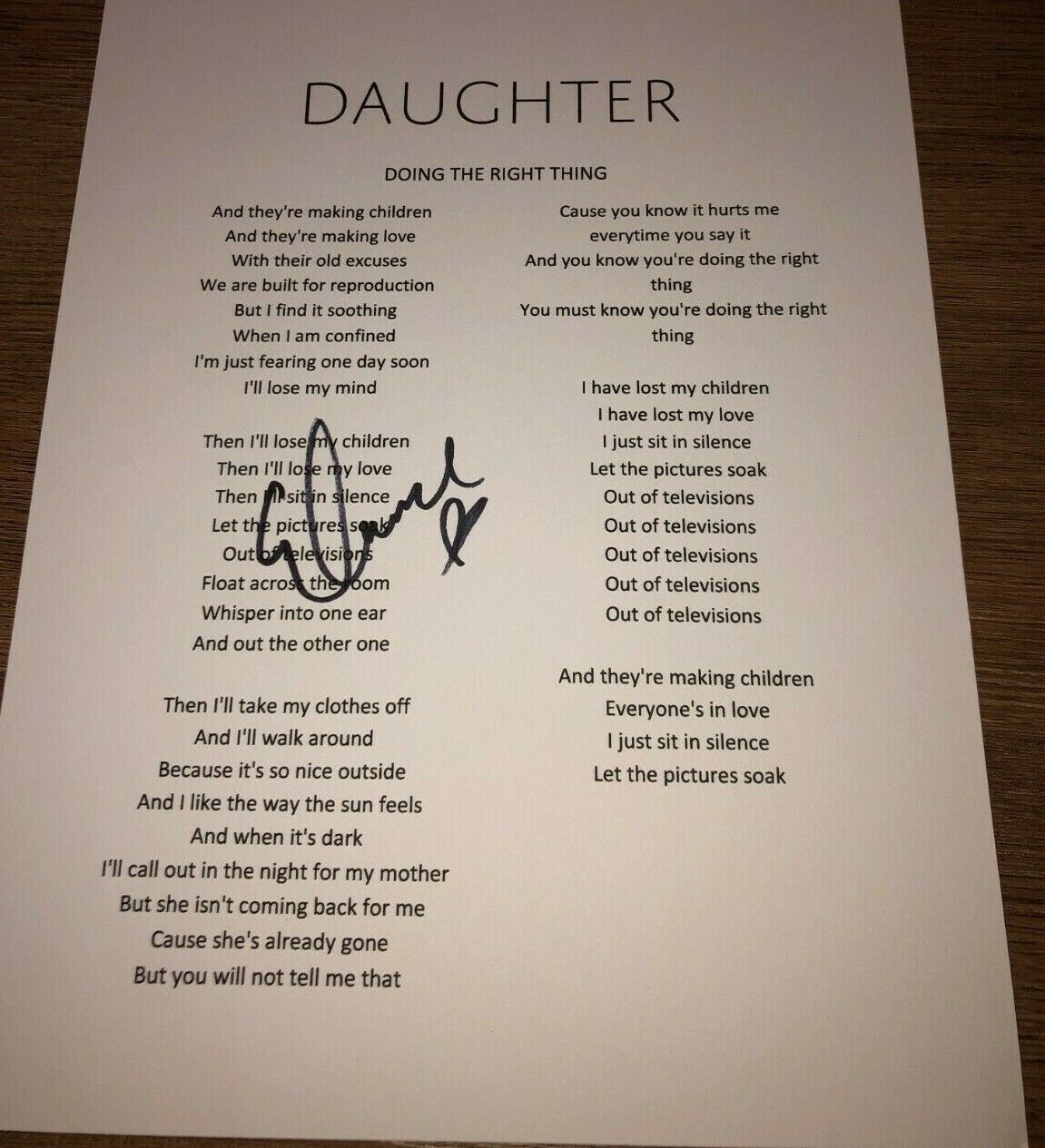 Elena Tonra Daughter Signed Autographed Doing the Right Thing Lyric Sheet COA E1