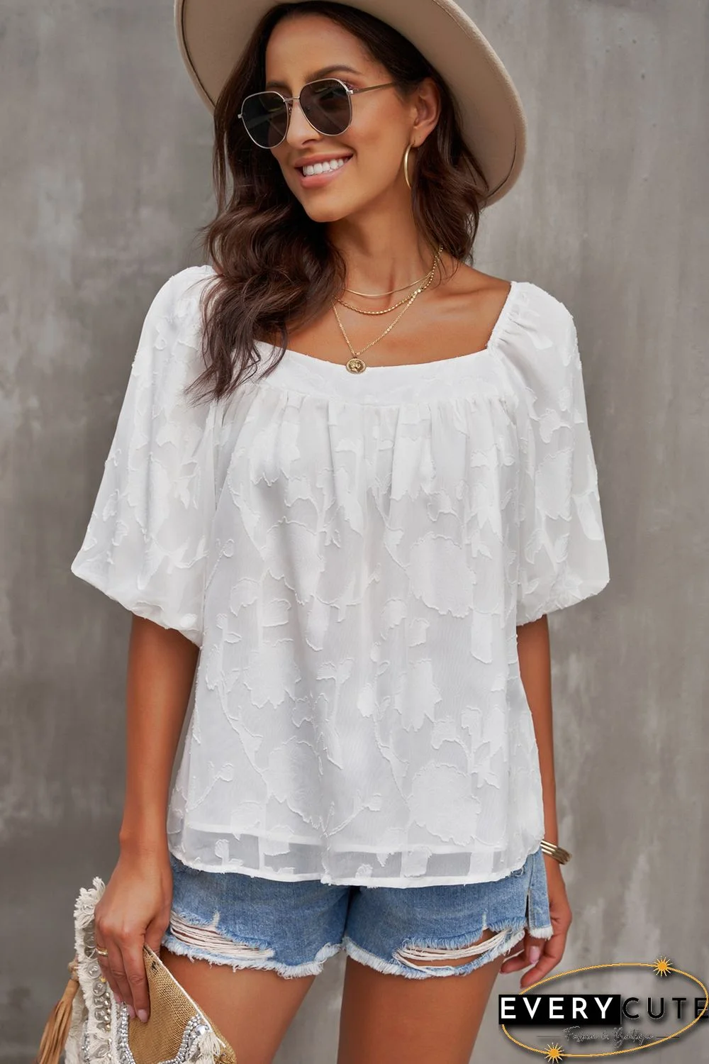 White Lush Printed Balloon Sleeve Ruched Chiffon Top