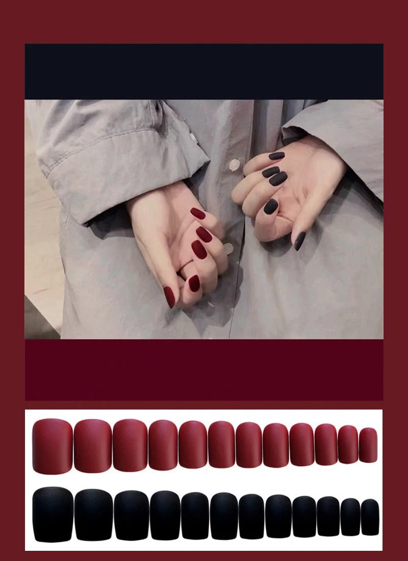 24pcs Dark Coffee Fake Nails Orange And Yellow Two-tone Matte Polish False Nail Patch Round Ballet Nail Tips Glue Wear Manicure-Nail Inspo