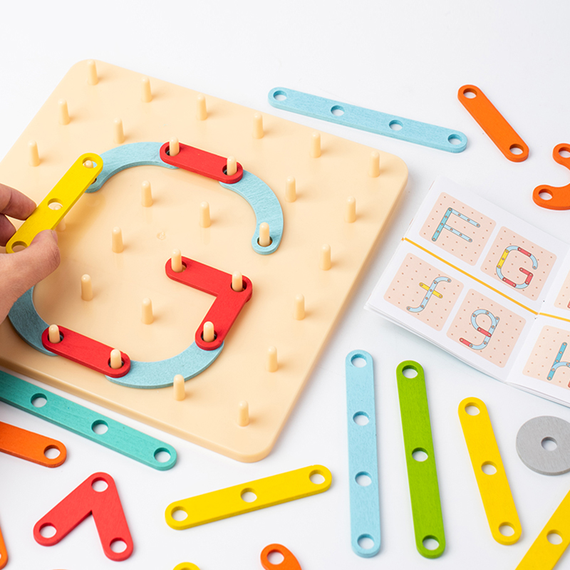 Tegooe Wooden Pegboard Geometric Shape Construction Kit - Creative Sensory Toy for Kids