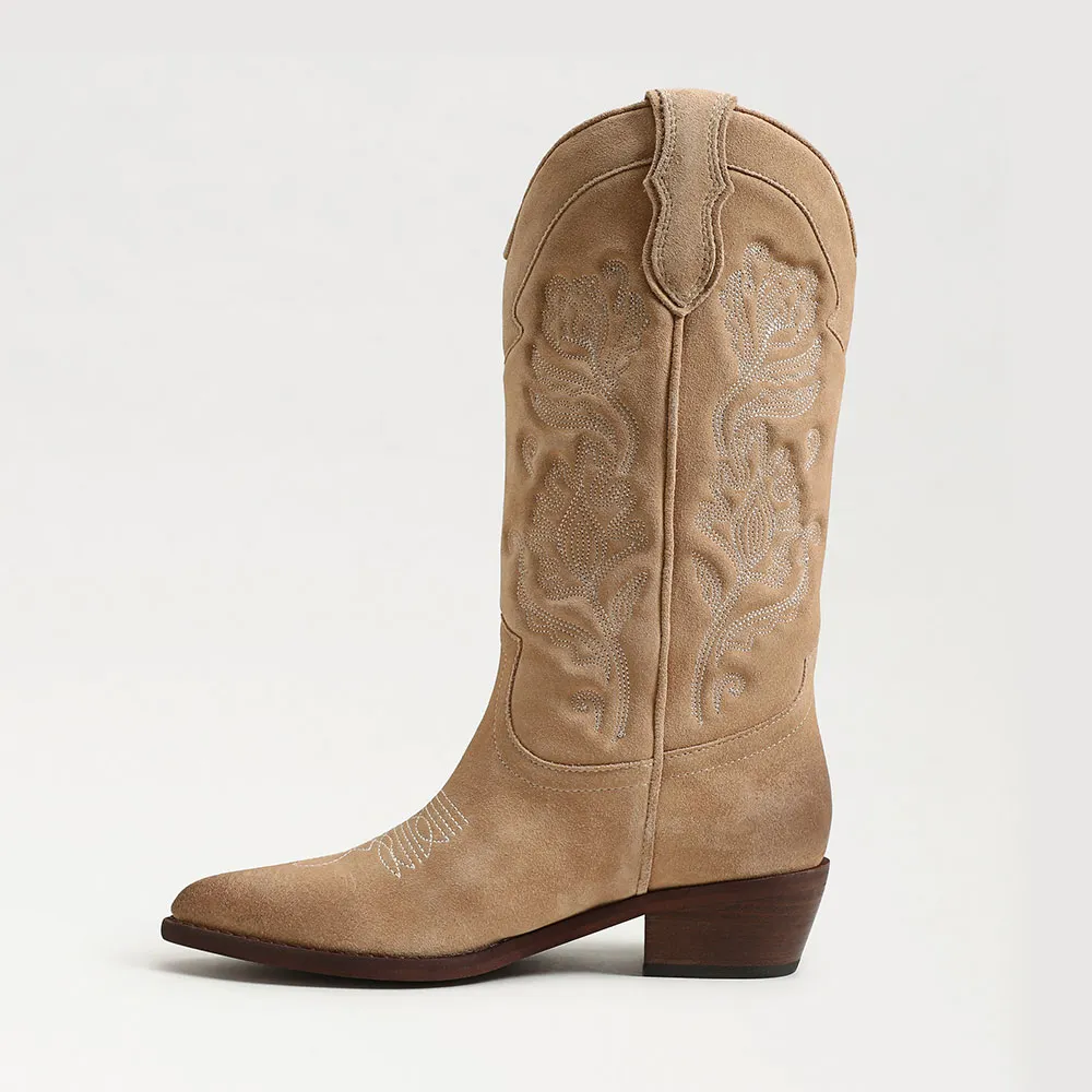 Khaki Closed Toe Block Heel Floral Embroidered Mid Calf Cowgirl Boots