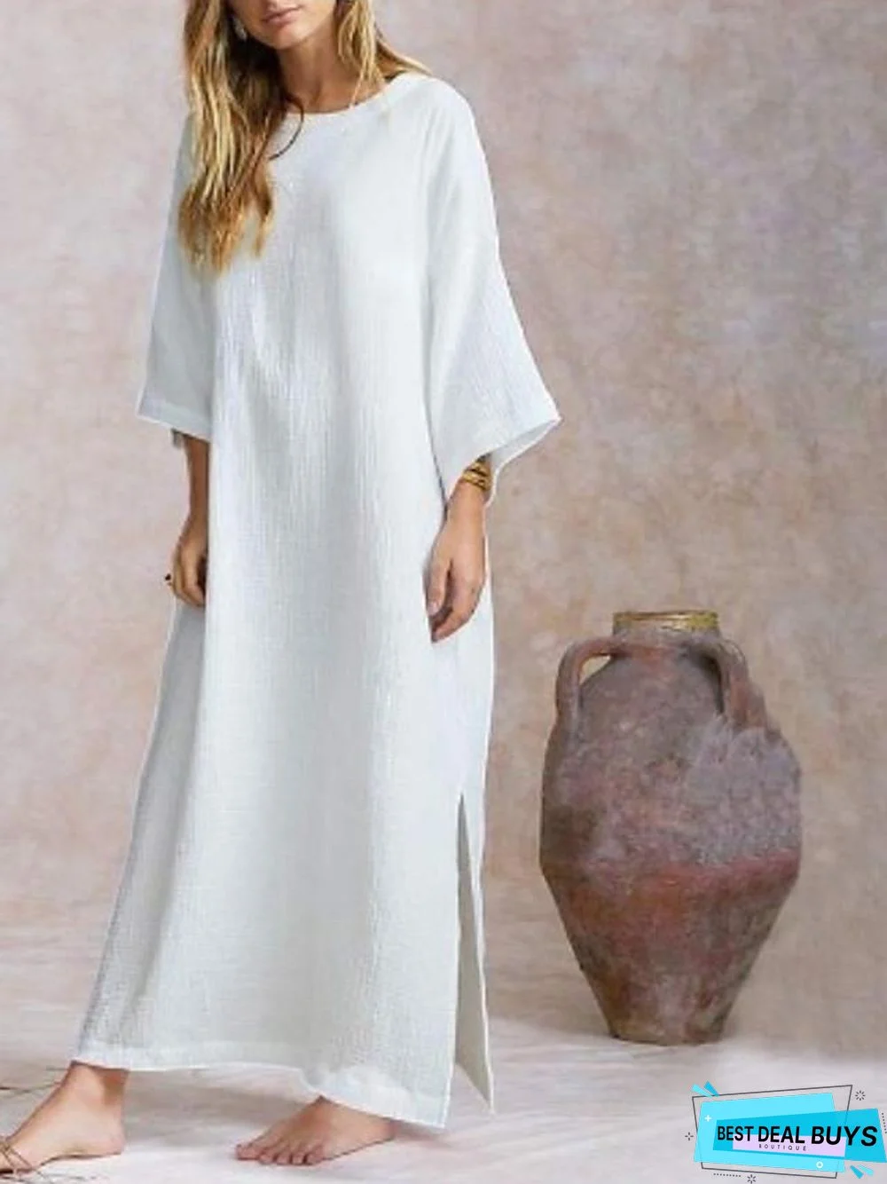 Women's Loose Maxi Long Dress 3/4 Length Sleeve Solid Color Split Spring Summer Hot Cotton White Black Khaki White Dresses