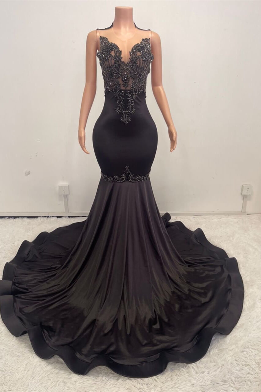 Stunning Black Scoop Sleeveless Prom Dress Mermaid Long With Beadings - lulusllly