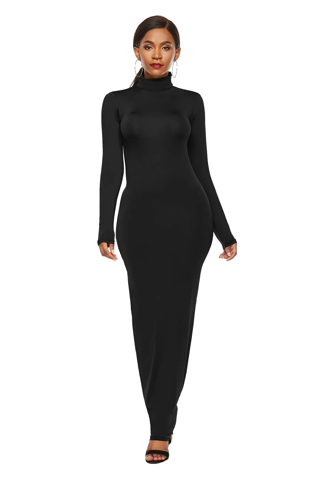 Uveng Polyester Spandex Fashion Solid Color Long Sleeve Stretch Slim Turtleneck Dress