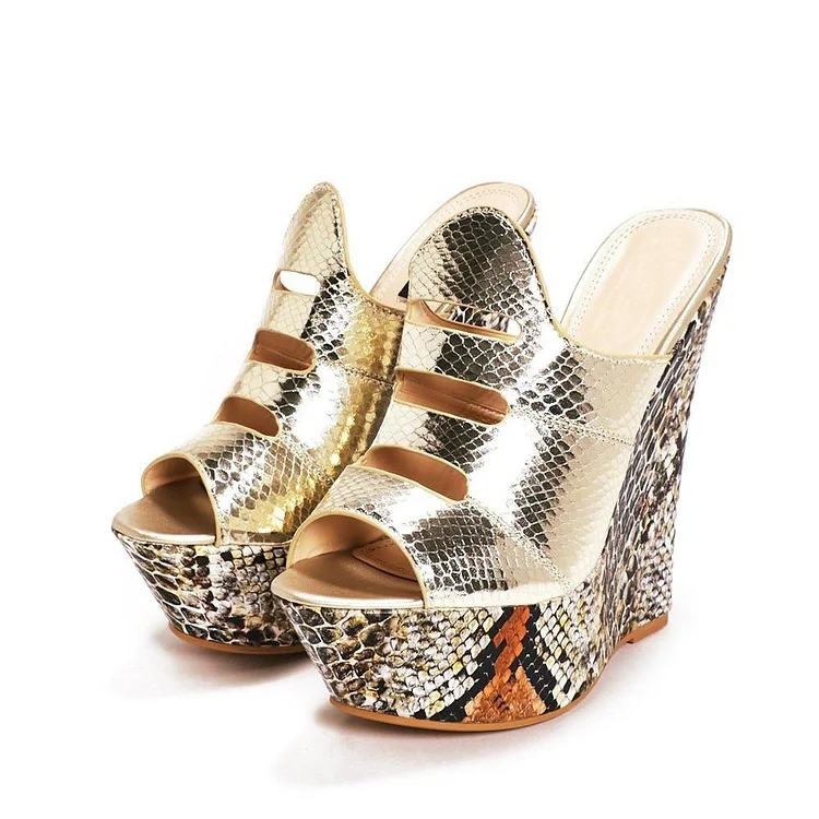 Gold Python Peep Toe Platform Mules Fashion Wedge Sandals |FSJ Shoes