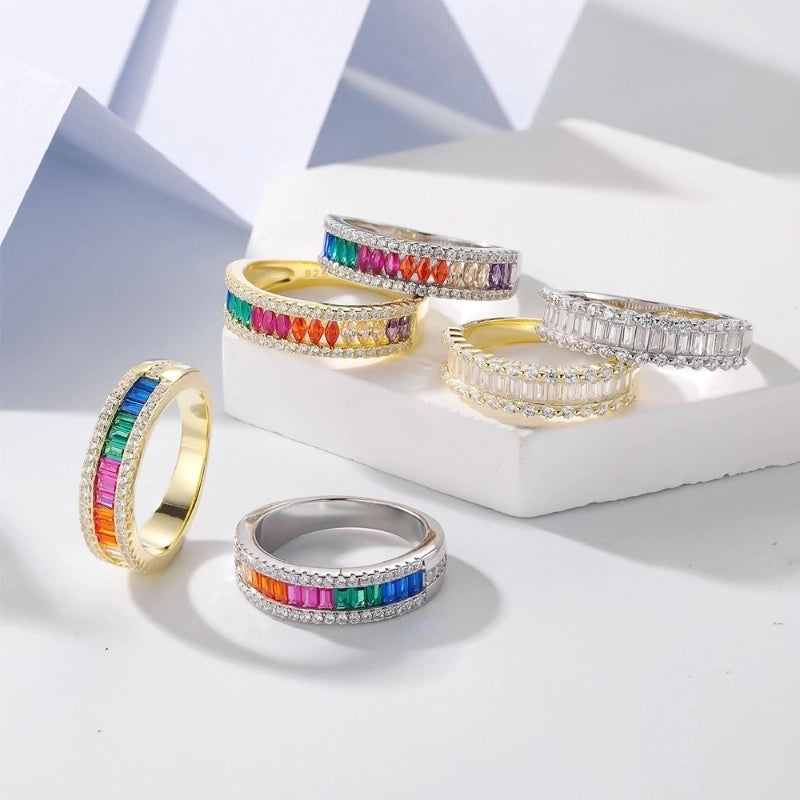 925 Sterling Silver Zircon Geometric Color Block Rings