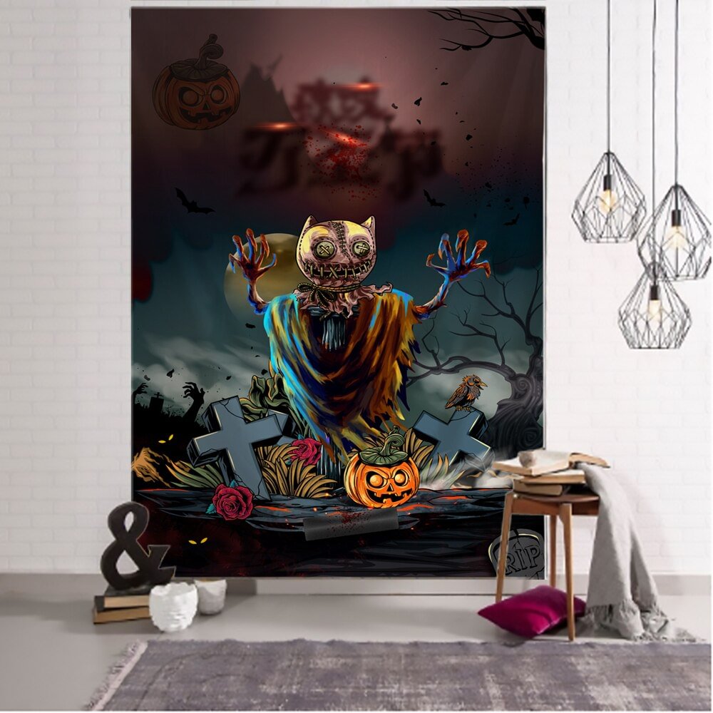 Halloween Ghost Doll Doll Party Tapestry Wall Hanging Witch Flaming Pumpkin Pattern Tapiz Witchcraft Tapestry Party Decor